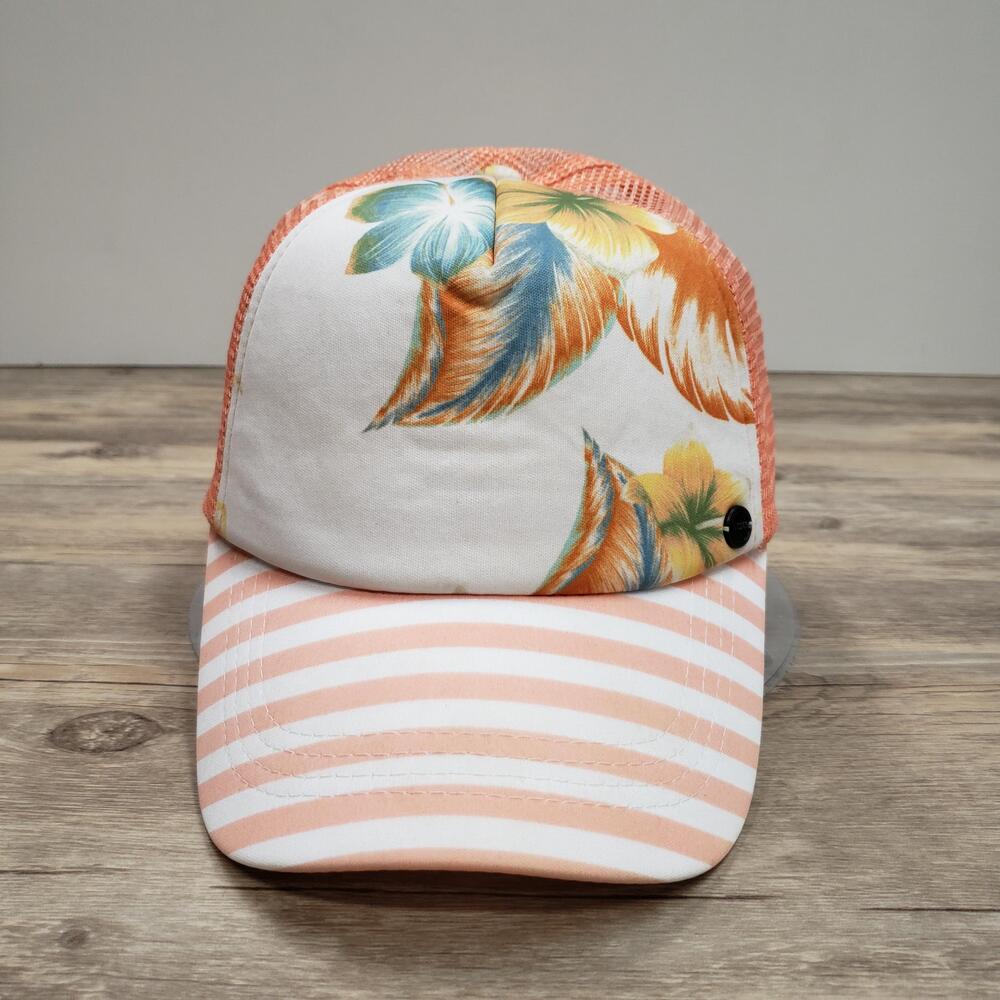 Roxy Hat Cap Snap Back One Size Orange Mesh Trucker Floral Stripe Beach Womens